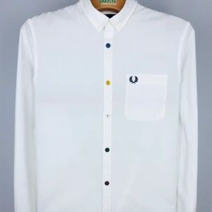 Men's Fred Perry White Long Sleeve Button Up Shirt w/ Multicolor Buttons, M